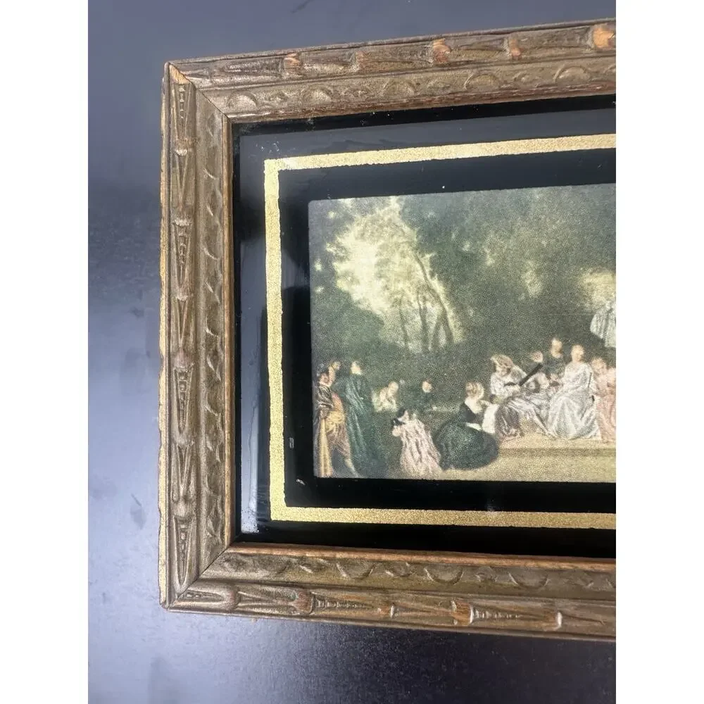 Jewelry Vanity Trinket Box Glass Top Victorian Scene Lid 1940's Antique